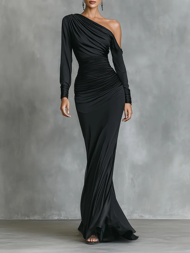 Elegant Black Satin One-Shoulder Ruched Mermaid Maxi Dress