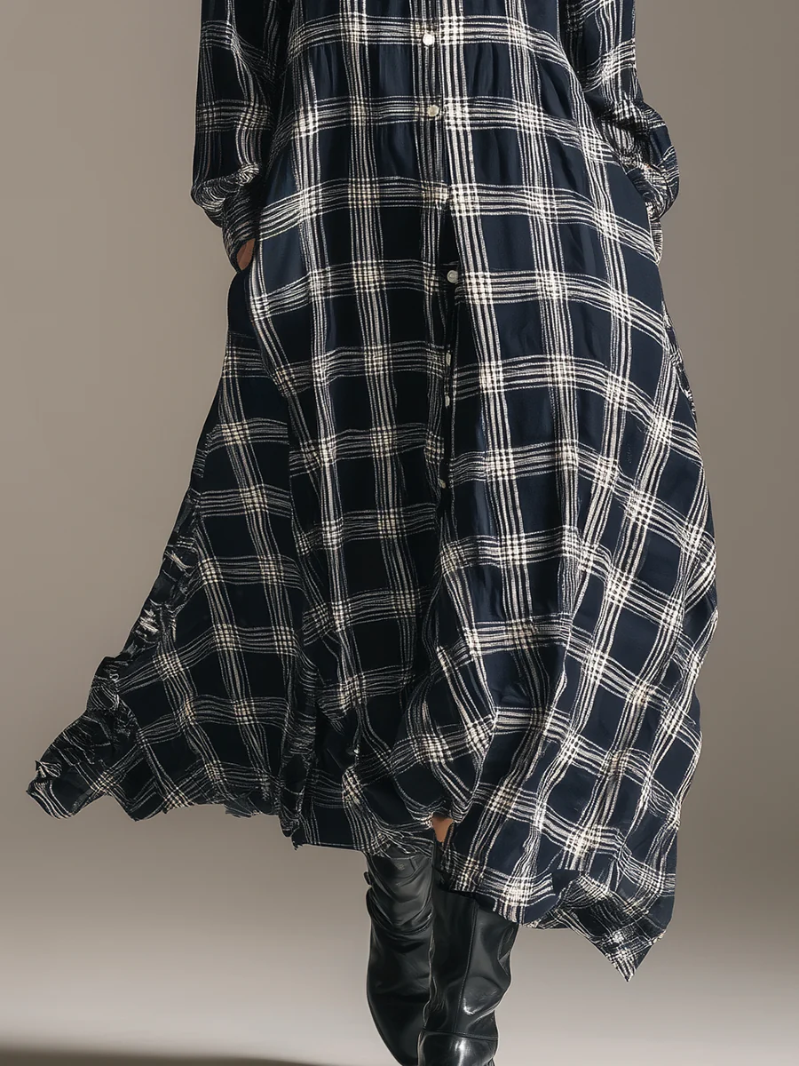 Loose Maxi Dress in Blue and White Plaid with Lapel Detail