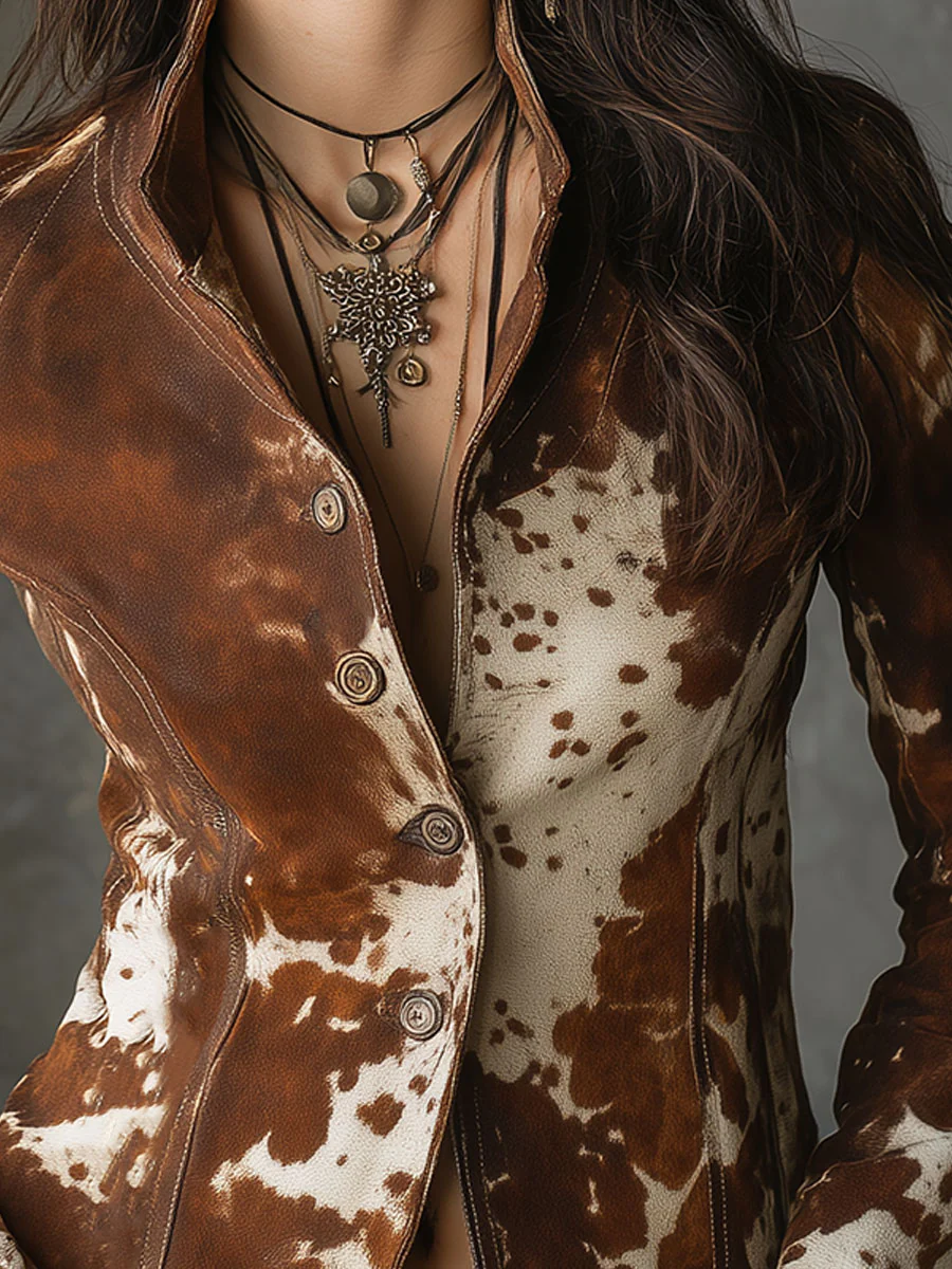 Retro Cow Print Slim-Fit Jacket with Stand-Up Collar