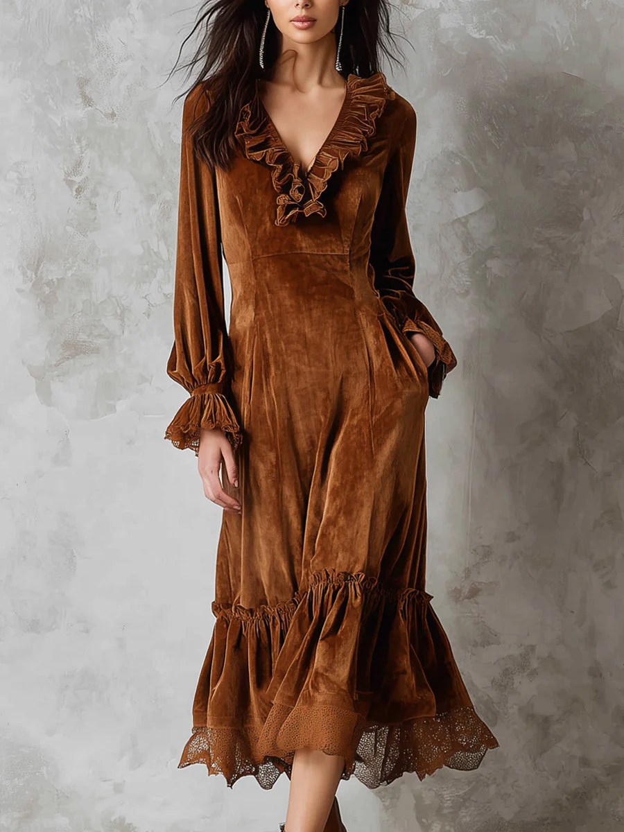 Retro Velvet Midi Dress with Ruffled Lace-Trimmed Neckline