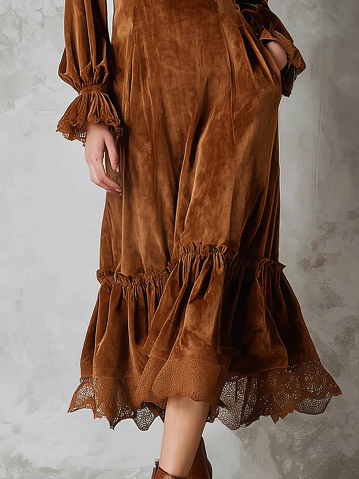 Retro Velvet Midi Dress with Ruffled Lace-Trimmed Neckline