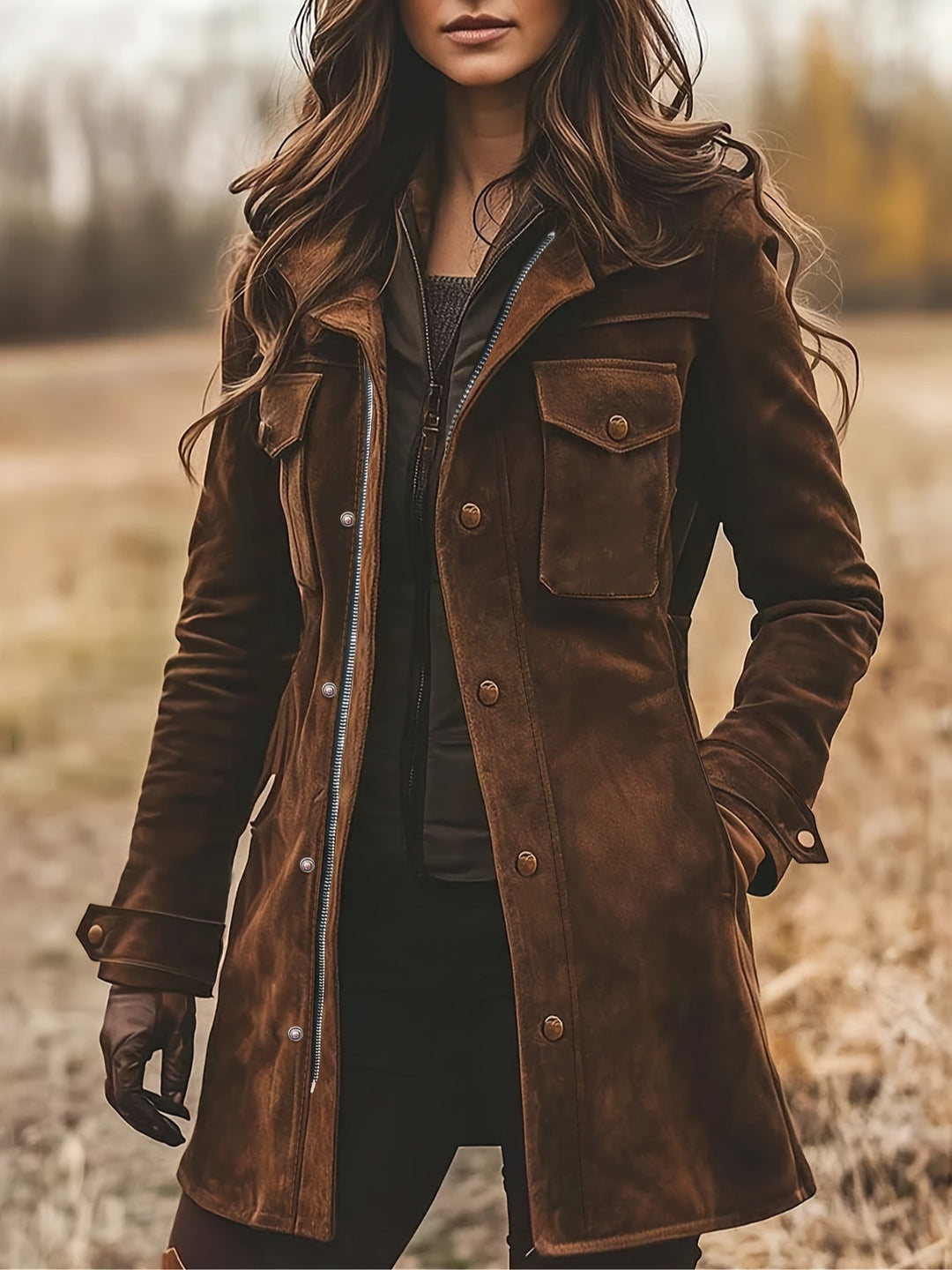 Classic Mid-Length Suede Coat with Lapel Collar