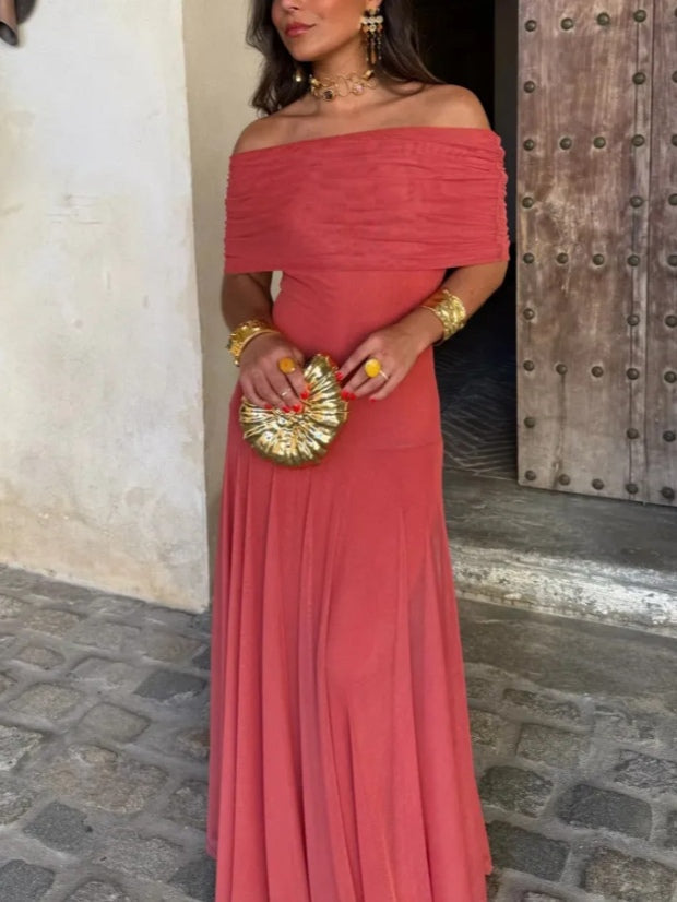 Brown One-Shoulder Mesh Maxi Gown