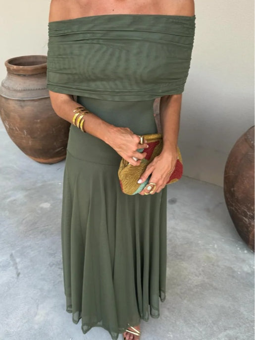 Brown One-Shoulder Mesh Maxi Gown