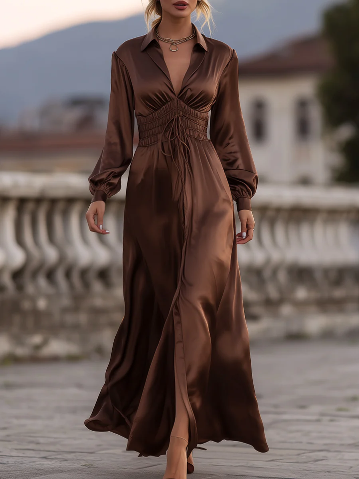 Chic Dark Brown Belted Maxi Dress with Lapel Detail