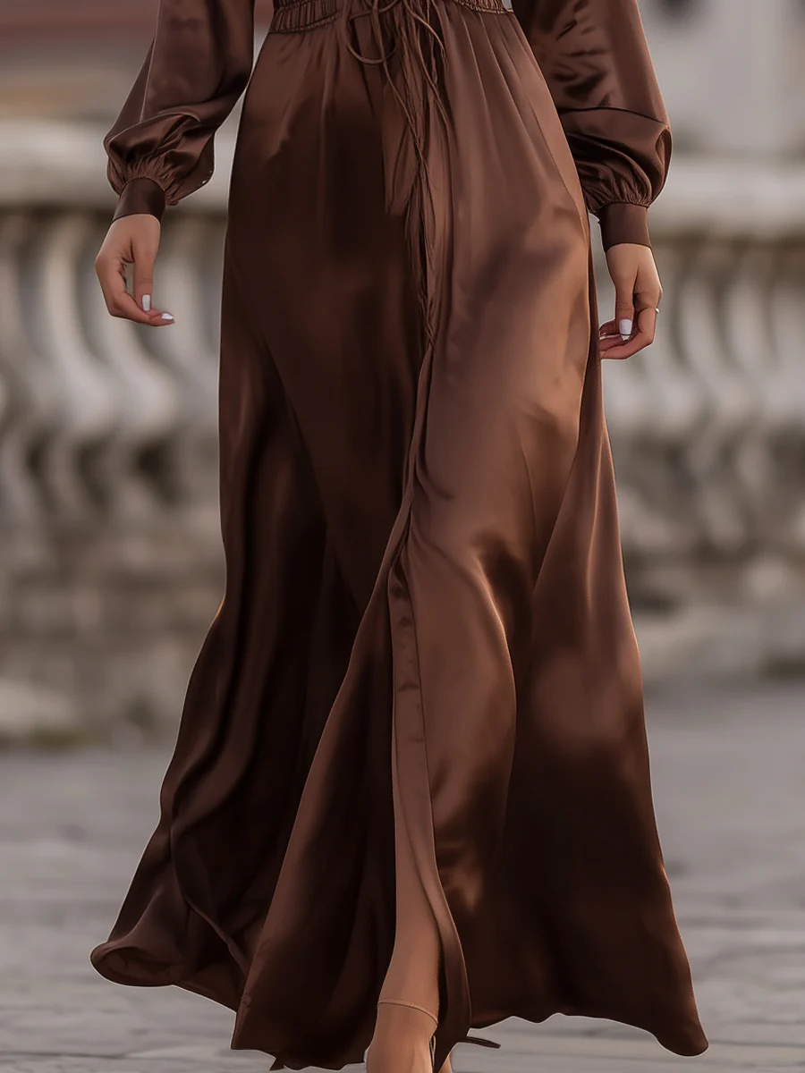 Chic Dark Brown Belted Maxi Dress with Lapel Detail