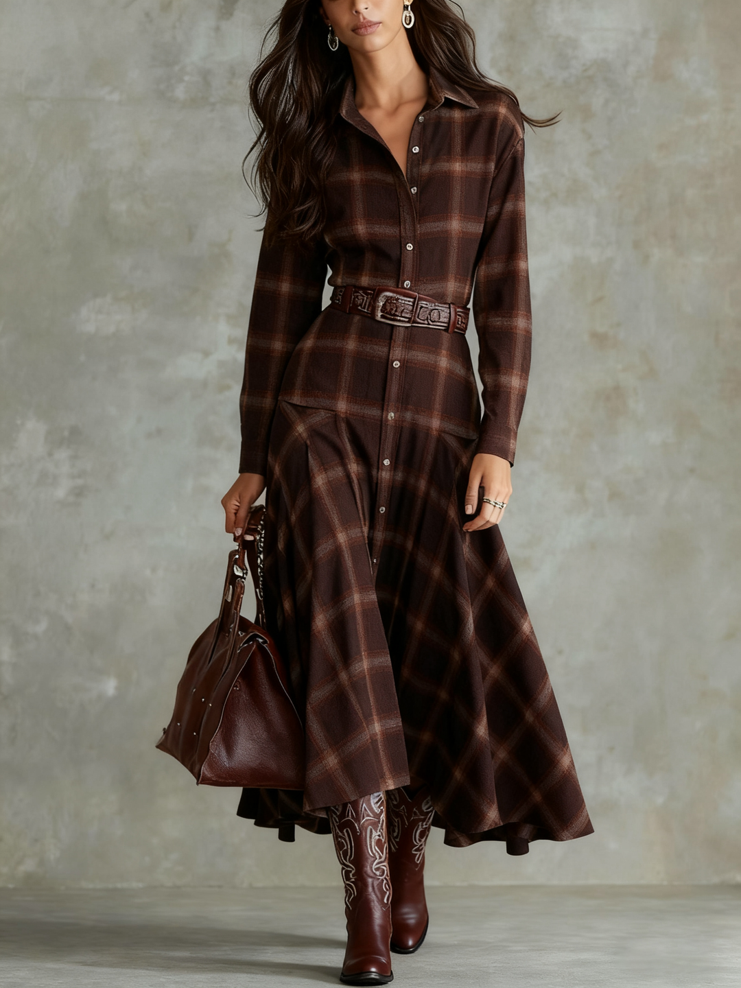 Classic Dark Brown Plaid Button-Down Shirt Dress