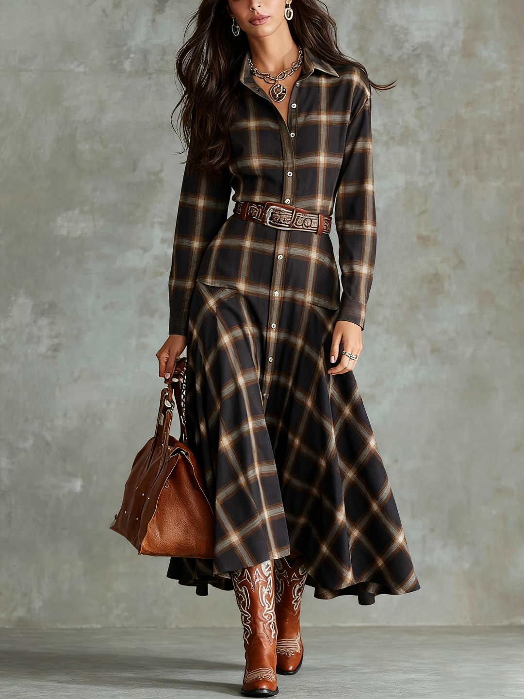 Classic Dark Brown Plaid Button-Down Shirt Dress