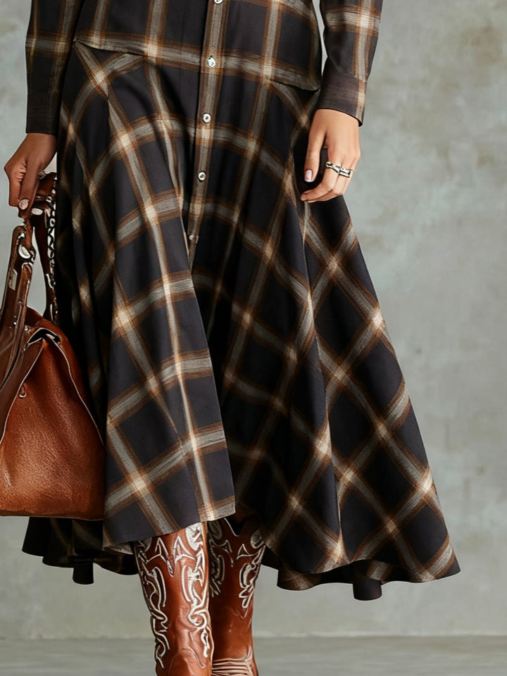 Classic Dark Brown Plaid Button-Down Shirt Dress