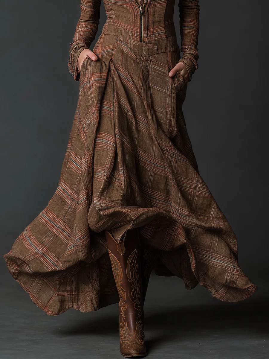 Brown Vintage Plaid Print Maxi Dress with Lapel Front Zipper