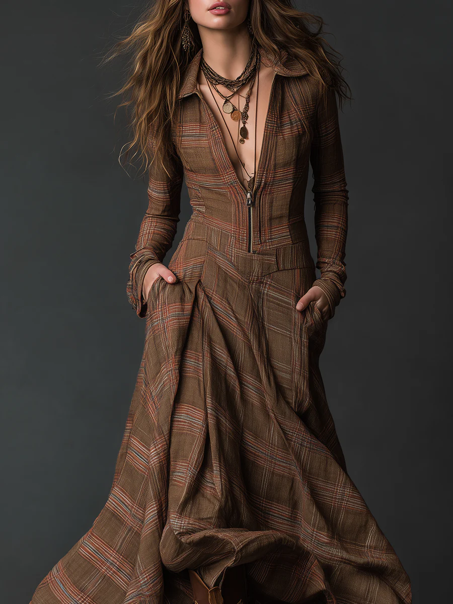 Brown Vintage Plaid Print Maxi Dress with Lapel Front Zipper