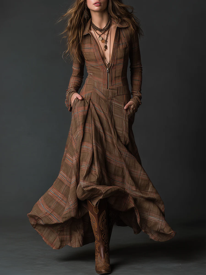 Brown Vintage Plaid Print Maxi Dress with Lapel Front Zipper