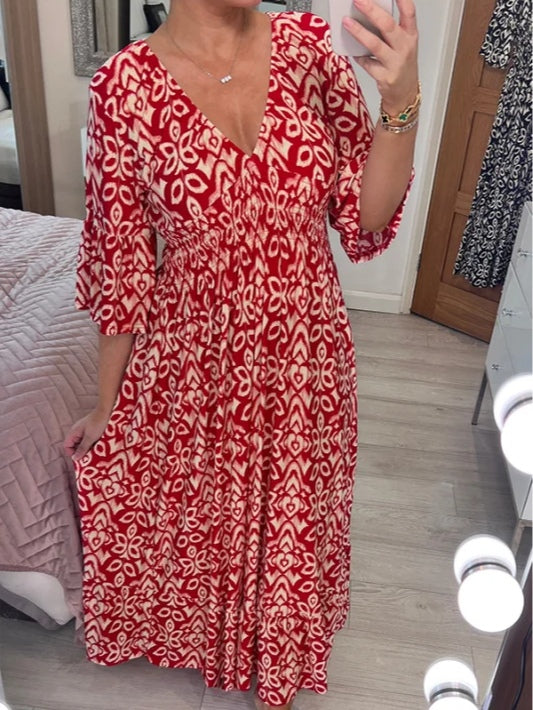 Bohemian V-Neck Wrap Dress with Casual Print