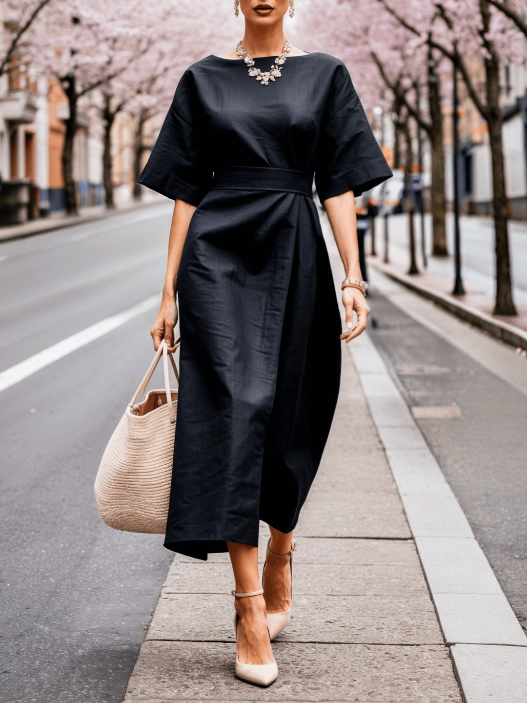 Loose-Fit Linen Boat Neck Tie Dress