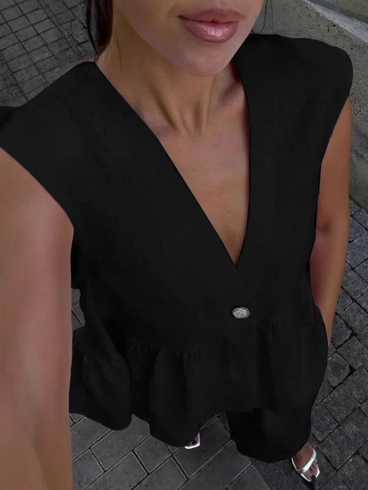 V-Neck Ruffled Two-Piece Set in Cotton and Linen