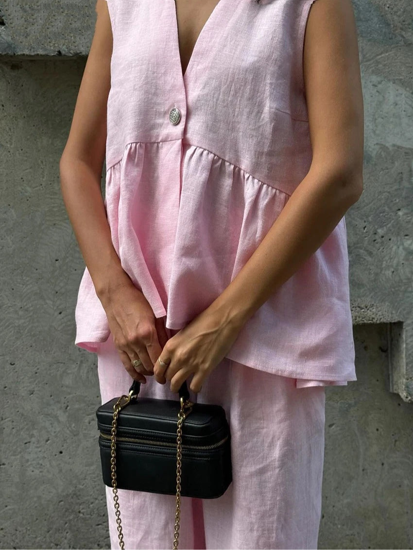 V-Neck Ruffled Two-Piece Set in Cotton and Linen