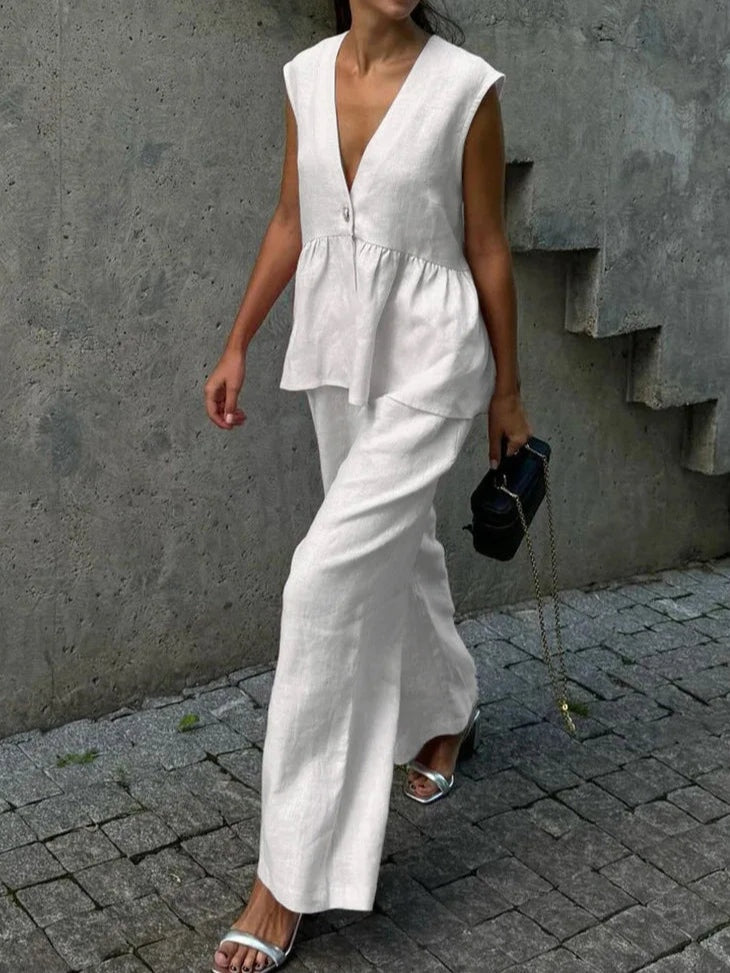 V-Neck Ruffled Two-Piece Set in Cotton and Linen