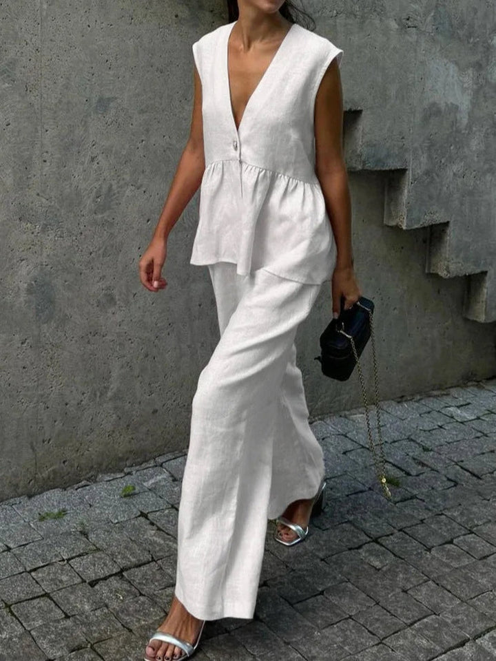 V-Neck Ruffled Two-Piece Set in Cotton and Linen