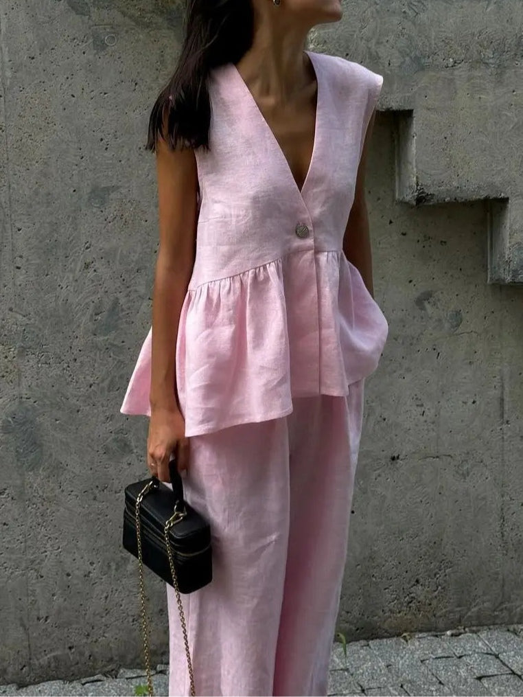 V-Neck Ruffled Two-Piece Set in Cotton and Linen