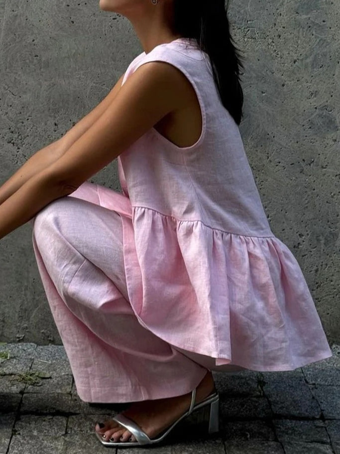 V-Neck Ruffled Two-Piece Set in Cotton and Linen