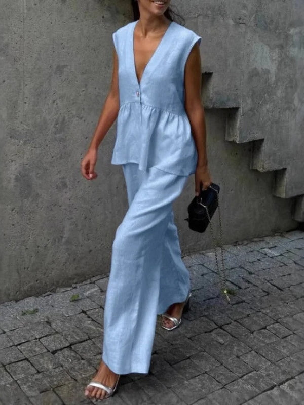 V-Neck Ruffled Two-Piece Set in Cotton and Linen