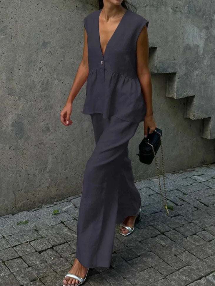 V-Neck Ruffled Two-Piece Set in Cotton and Linen