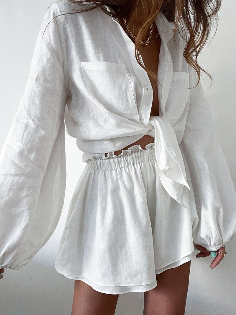 Linen Two-Piece Set: Balloon Sleeve Shirt and Shorts