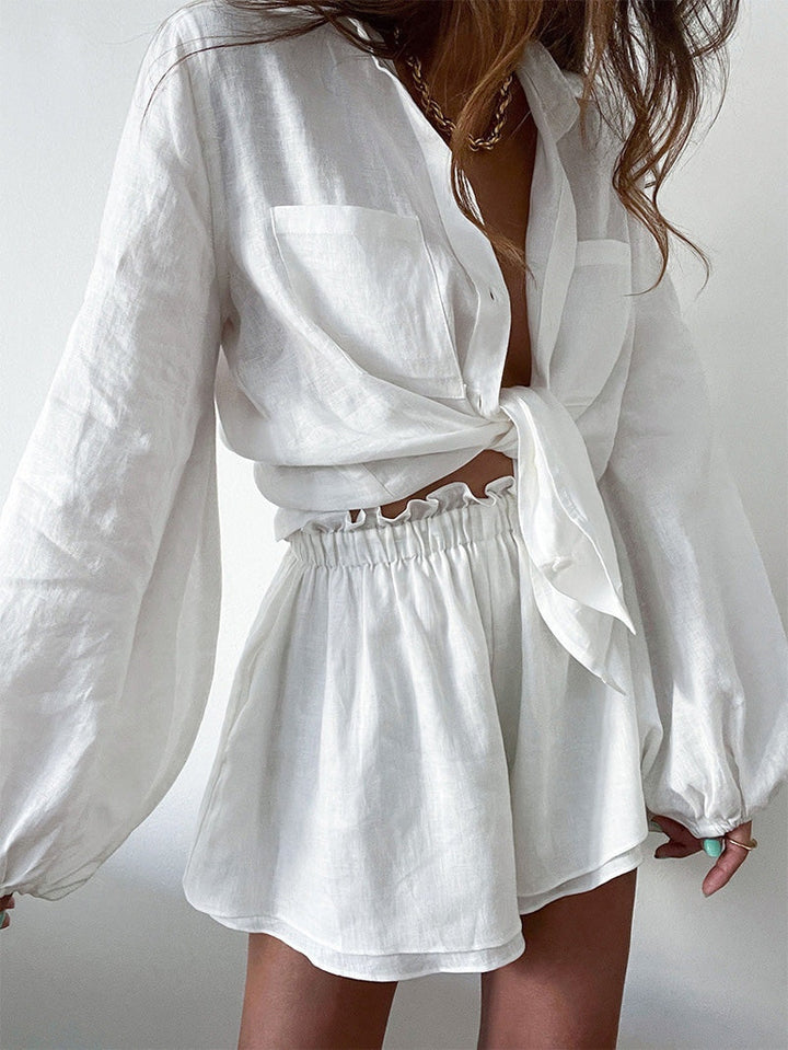 Linen Two-Piece Set: Balloon Sleeve Shirt and Shorts