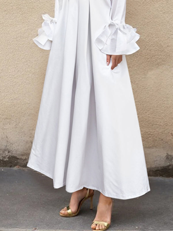 Maxi Shirt Dress with Flared Sleeves, Pleated Design, and Split-Joint Lapel