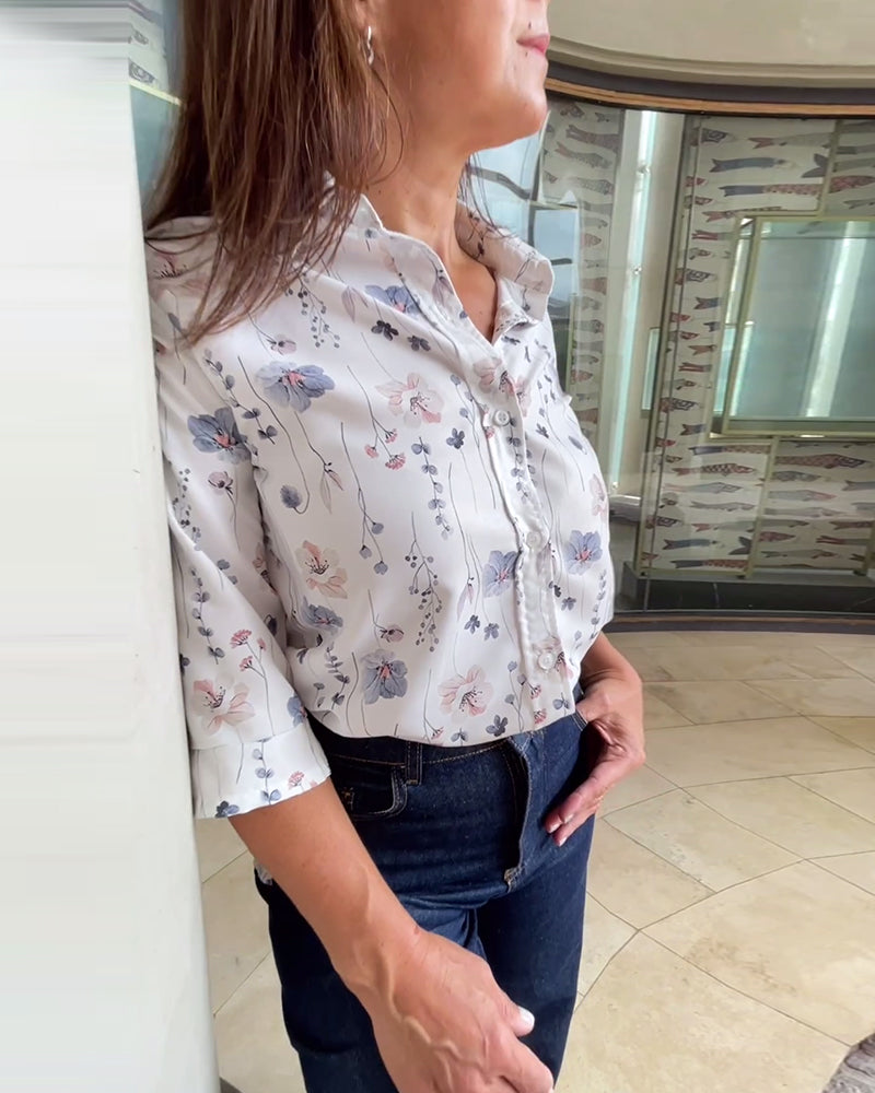 חולצה שיקית עם הדפס פרחוני, שרוולים שלושה רבעים וצווארון דש