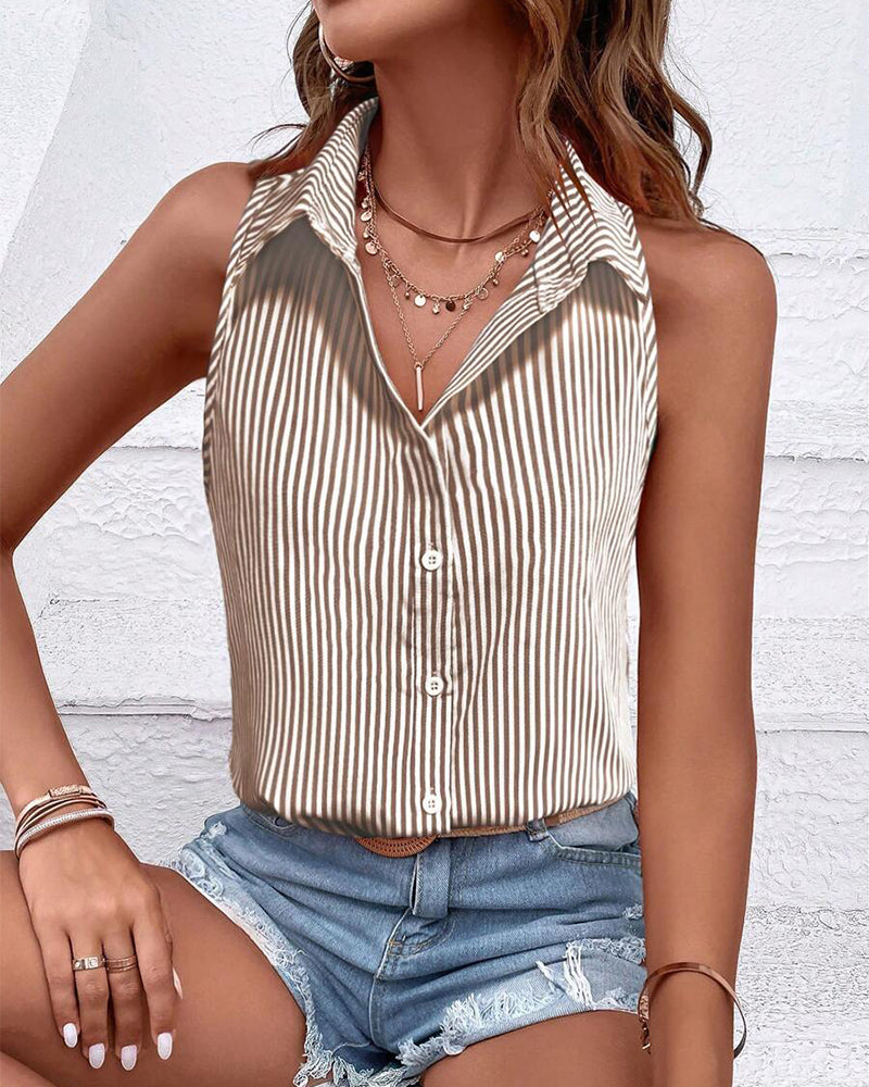 Striped Sleeveless Collared Tank Top