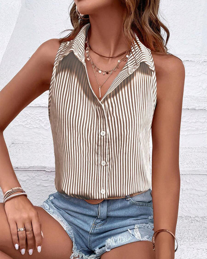 Striped Sleeveless Collared Tank Top