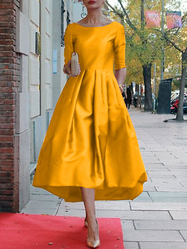 Solid Color A-Line Midi Dress with Loose Pleats, Pockets, and Split-Joint Round Neck