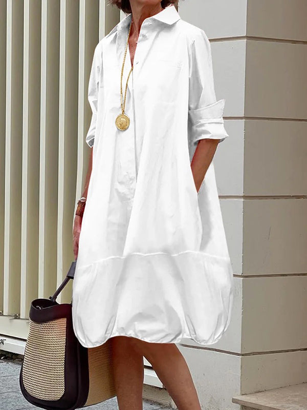 Loose-Fit Midi Shirt Dress with Long Sleeves and Lapel Collar in Solid Colors