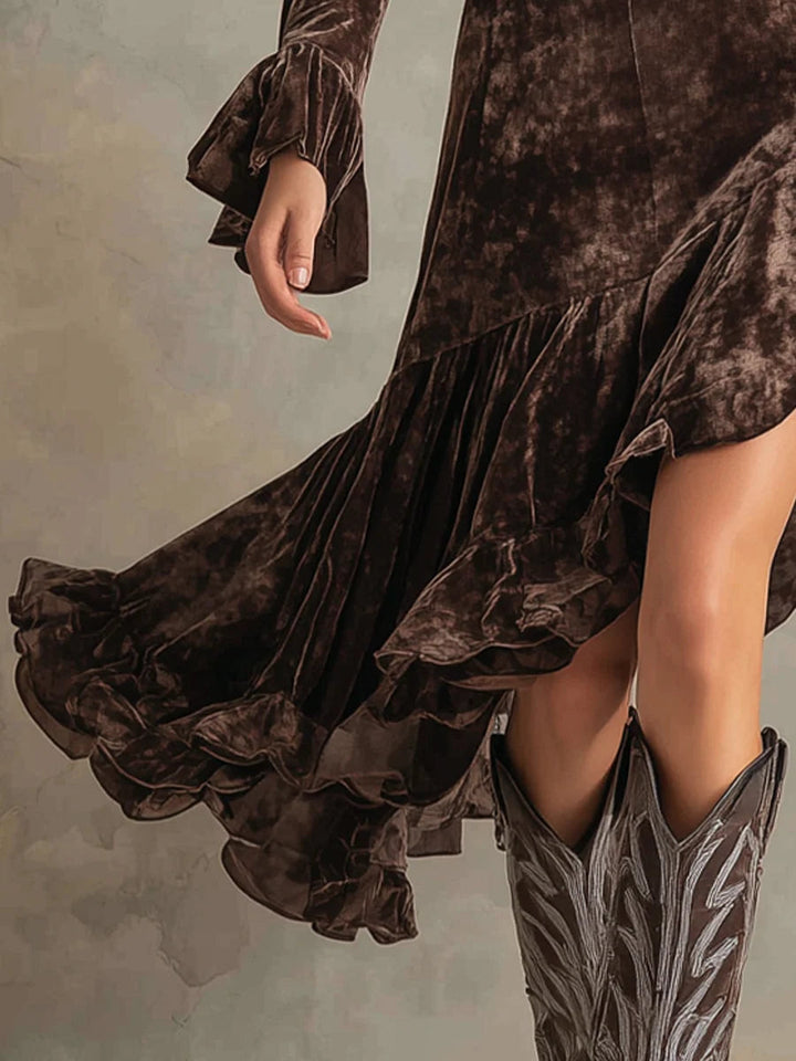 Velvet Midi Dress with High Neck and Long Bell Sleeves