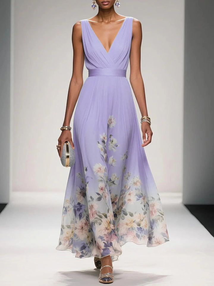 Light Blue Floral Chiffon V-Neck Sleeveless A-Line Maxi Gown