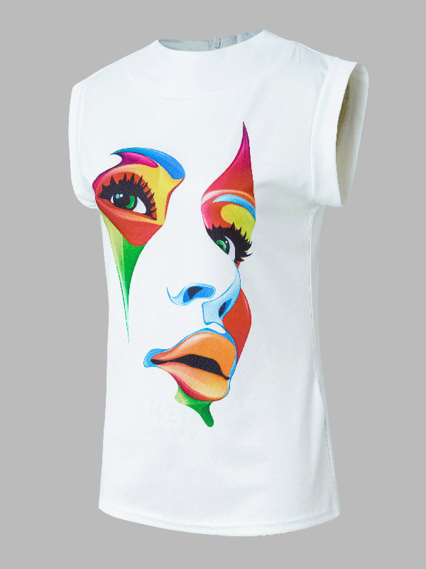 High-Neck Cap Sleeve Loose-Fit Multi-Colored Printed T-Shirt
