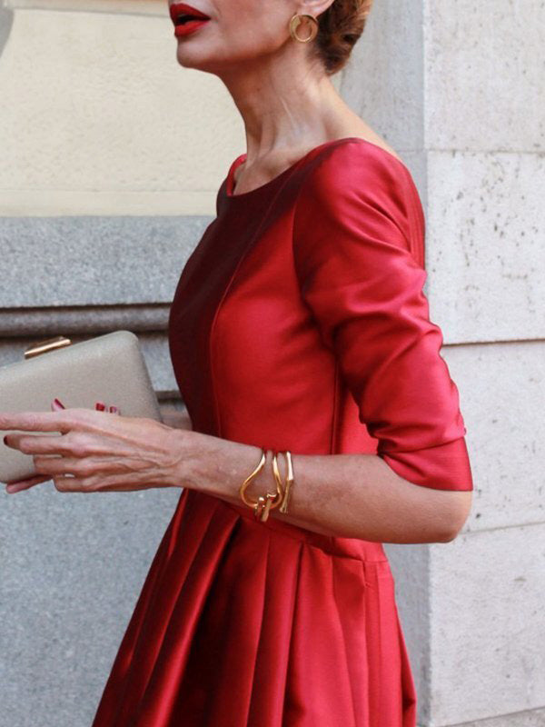 Solid Color A-Line Midi Dress with Loose Pleats, Pockets, and Split-Joint Round Neck