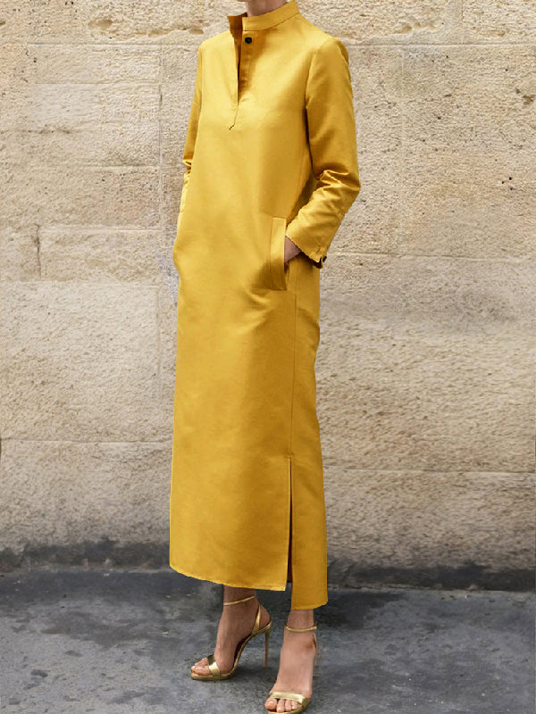Loose-Fit Midi Dress with Long Sleeves, Solid Color, and Split-Side Hem