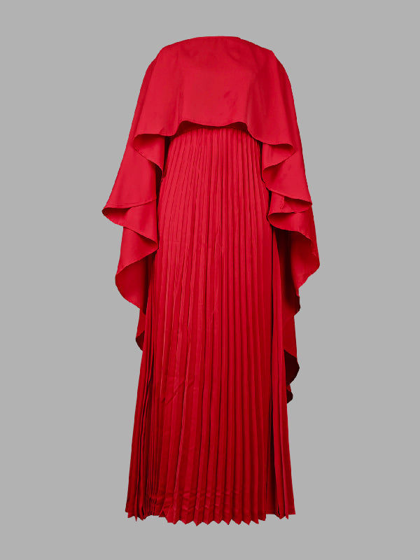 Maxi Evening Dress with Cape, High-Low Pleated Design, Solid Color, and Round Neck