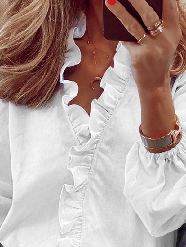 V-Neck Blouses with Puff Sleeves and Ruffled Hem in Solid Colors