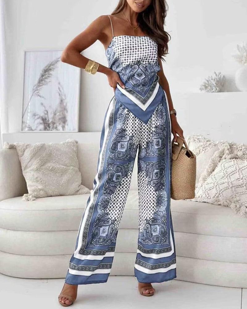 Chic Printed Lace-Up Vest and Pants Two-Piece Ensemble