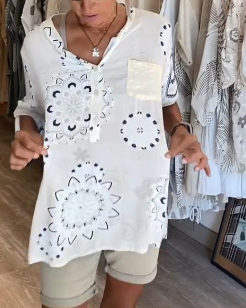 Versatile V-Neck Printed Blouse with Half Sleeves