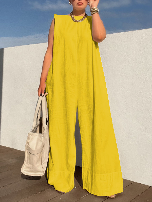 Sleeveless Wide-Leg Jumpsuit with Shoulder Pads in Solid Colors