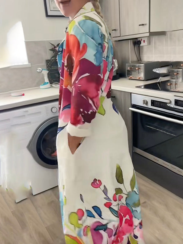 Floral Print Maxi Shirt Dress with Long Sleeves and Button Closure