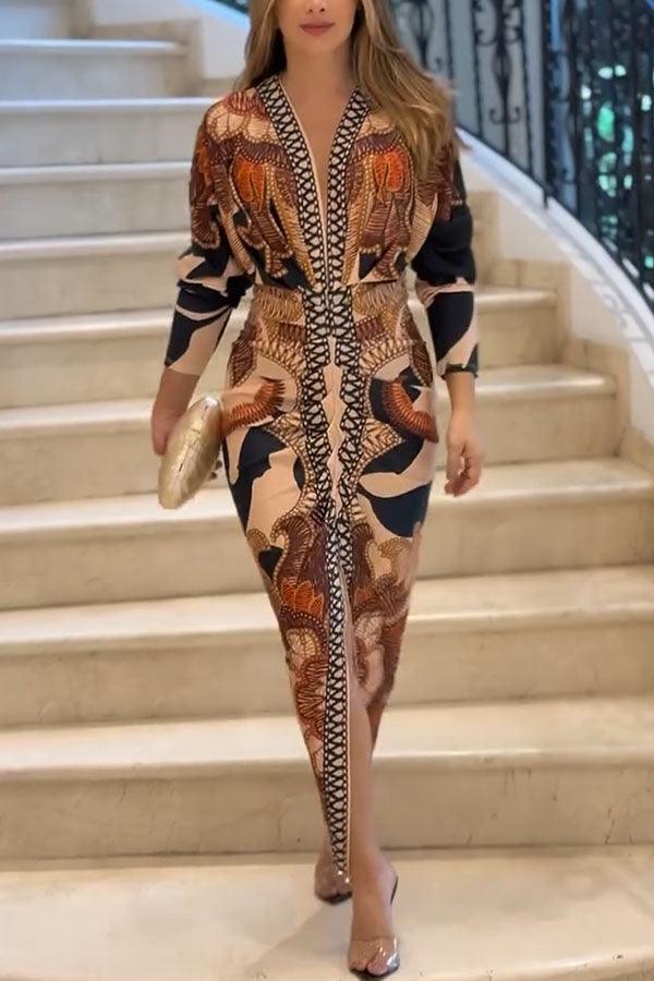 Distinctive Print Long Sleeve Ruched Midi Dress with Slit