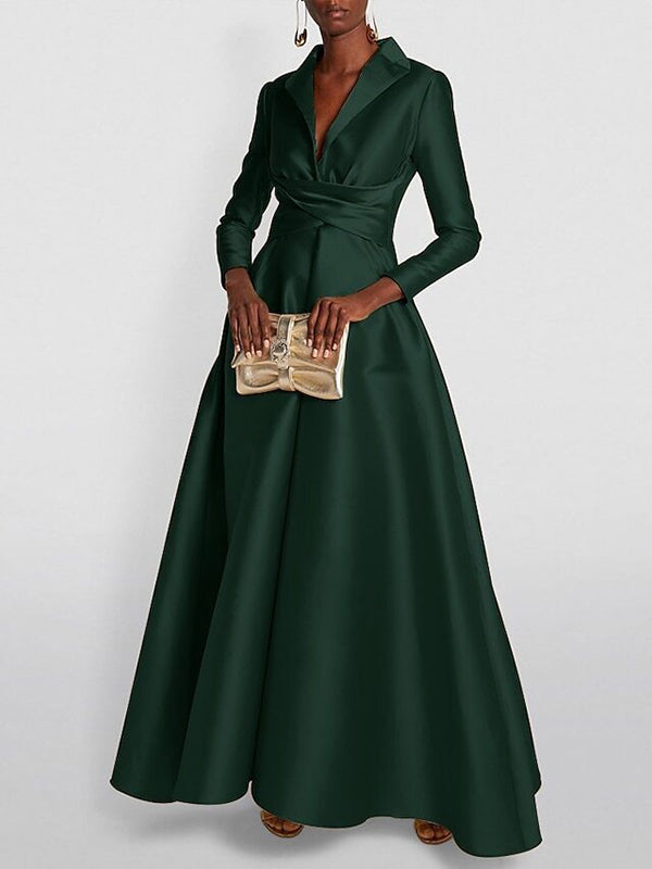 Solid Color V-Neck Maxi Dress with High Waisted A-Line Pleats