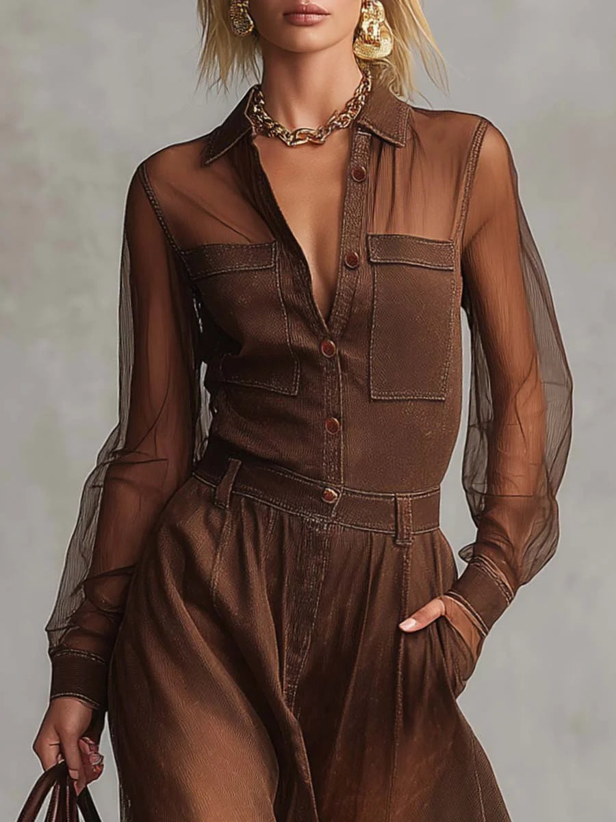 Retro Western-Style Maxi Dress with Front Buttons and Organza Detailing