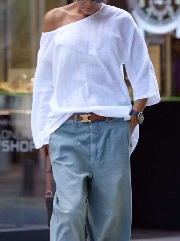 One-Shoulder Long Sleeve Loose Fit Solid Color T-Shirt