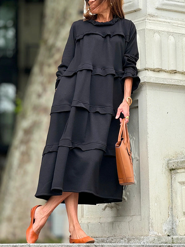 Solid Color A-Line Maxi Dress with Loose Ruffles and Split Joint Round Neck